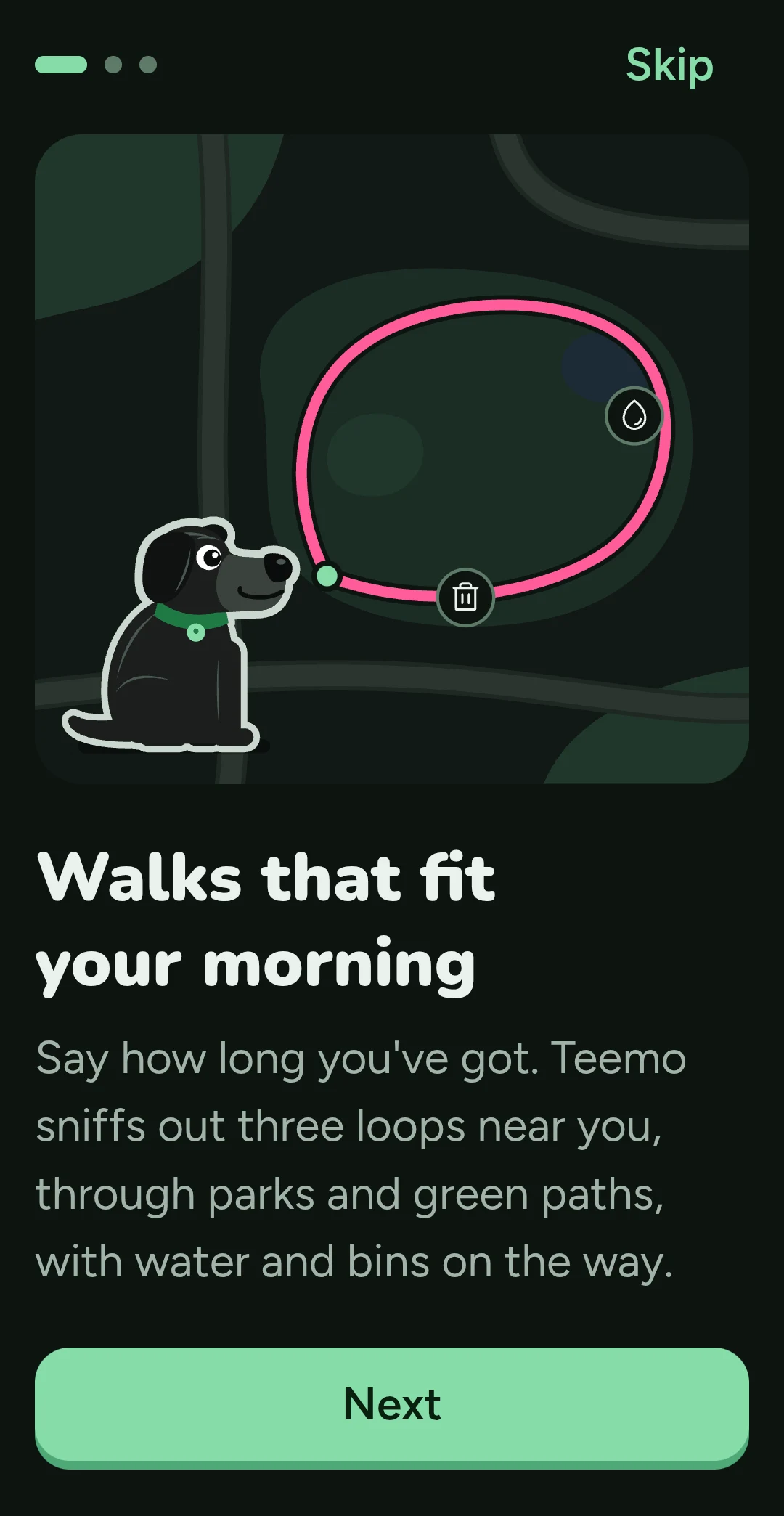 Offlead app: welcome screen showing how to start a walk