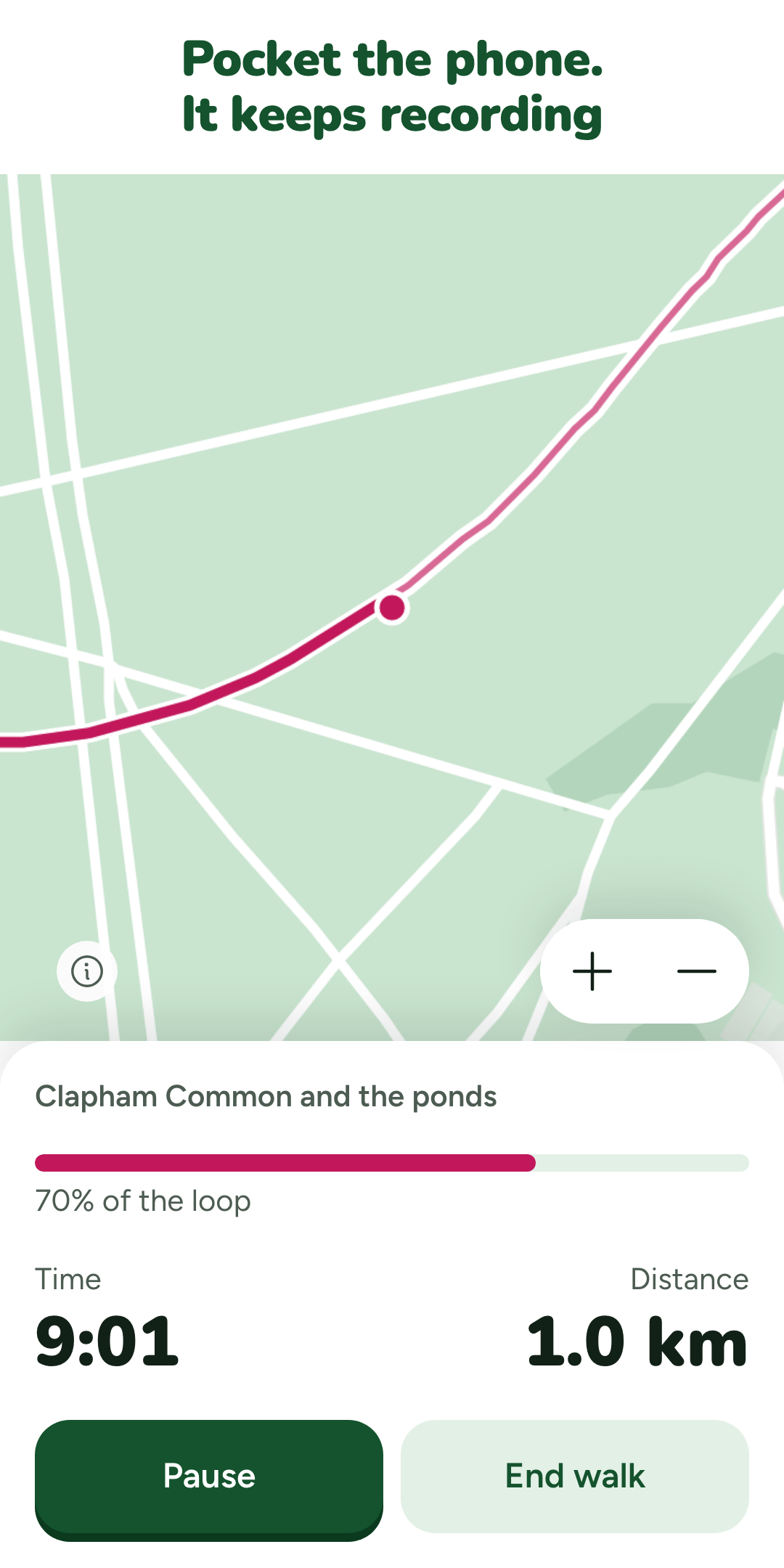 Offlead walking screen: route progress with walked and remaining segments
