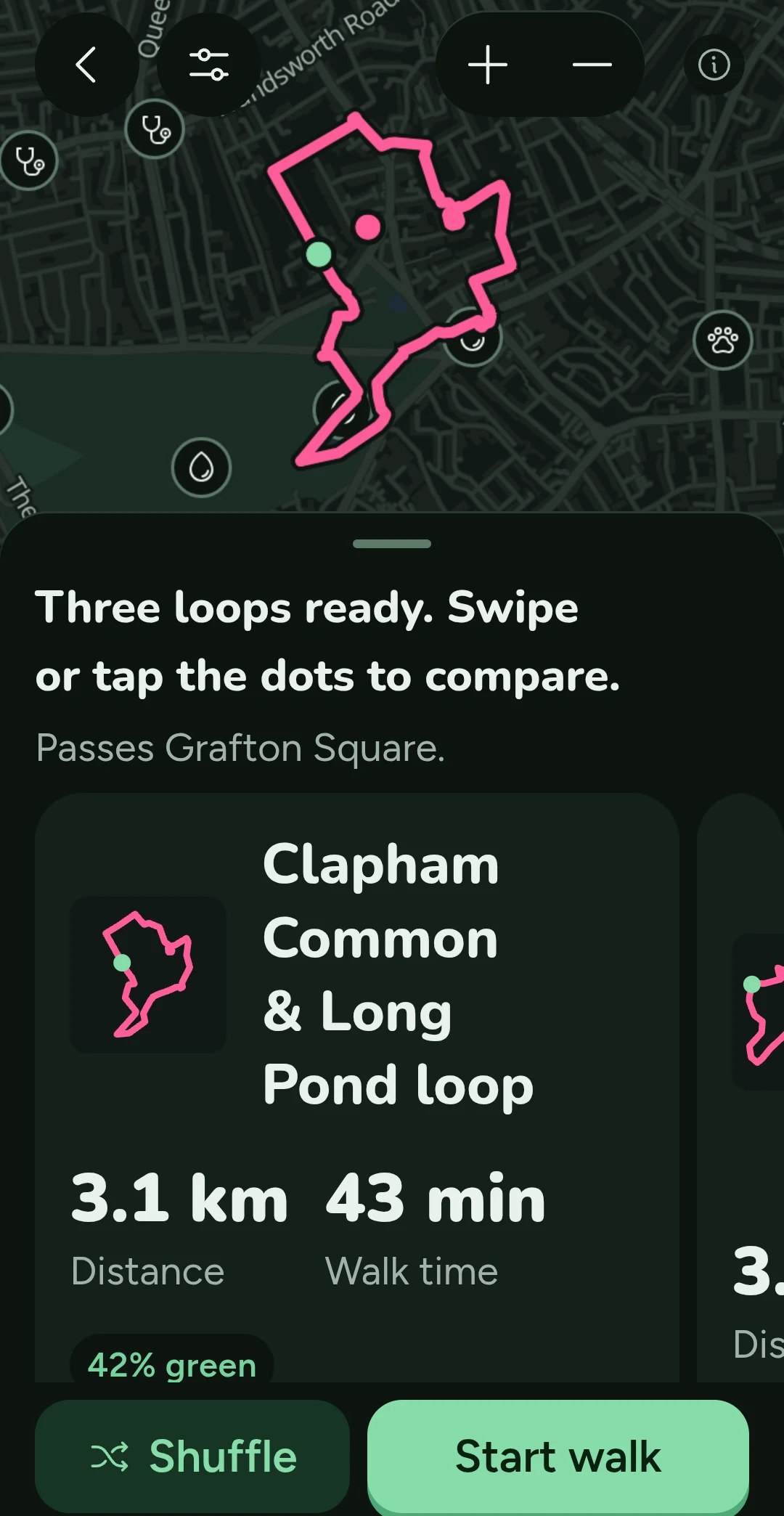 Offlead: three loop options with time, distance and off-lead badges